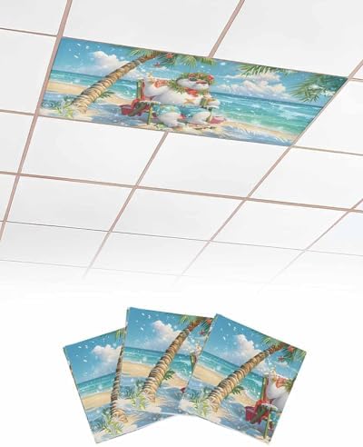 Christmas Magnetic Fluorescent Light Covers for Ceiling Lights 2 x 4 Feet,Beach Snowman Hawaii Tropical Tree Blue Green Office Classroom Kitchen Drop Ceiling Light Covers Filters Shade Panel 3 Packs