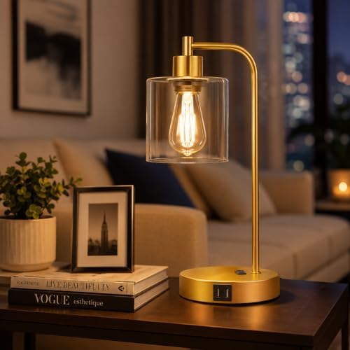 Industrial Touch Control Table Lamps Set of 2 - Gold Nightstand Bedside Lamps with 2 USB Ports & AC Outlet, 3-Way Dimmable Desk Lamp for Bedroom Living Room, Glass Shade & 2 LED Bulbs Included