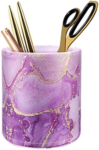Large Capacity Colored Pen Holder for Desk, Leather Pencil Holder Pen Cup Marker Holder Makeup Brush Holders, Desk Accessories & Workspace Organizers for Home, Office, Purple Marble