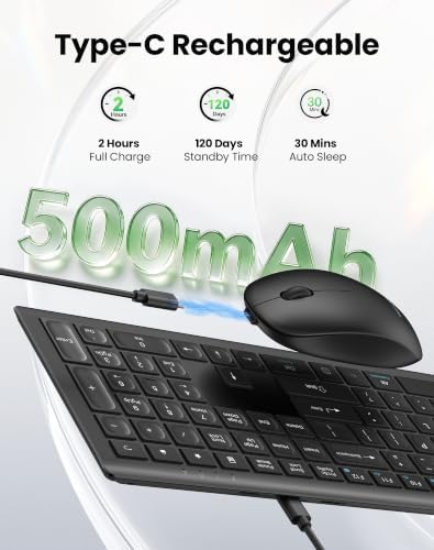 TECKNET 2.4G Rechargeable Ultra-Slim Wireless Keyboard and Mouse Combo
