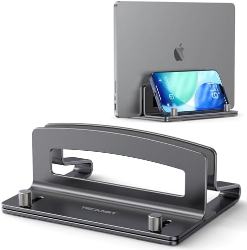 TECKNET Vertical Laptop Stand, Adjustable Aluminum Laptop Stand (Fits Up to 17.3"), Space-Saving Vertical Stand with Non-Slip & Scratch-Resistant Silicone, Compatible with MacBook Pro/Air, Dell, HP
