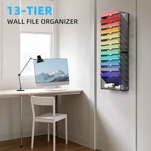Marbrasse Wall File Holder 13-Tier Hanging Wall File Organizer, for Papers, Files Clipboard & Magazine Organizer, Wall Mount File Holder Great for Office Home (Black)