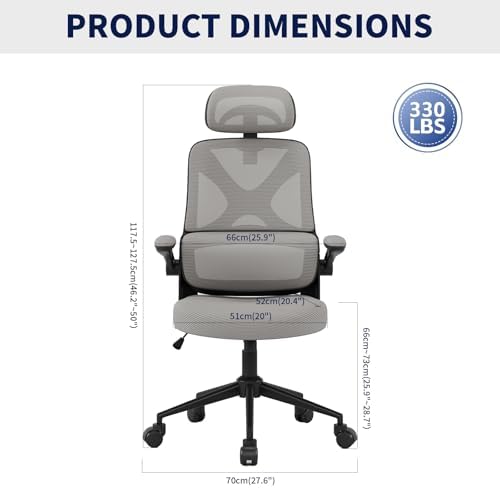 Ergonomic Office Chair - Desk Chair with Adjustable Headrest Lumbar Support Computer Chair - Mesh Comfy Chair with Flip-up Armrests - Gaming Chairs for Adults Home Office 330 LBS (Black+Gray)
