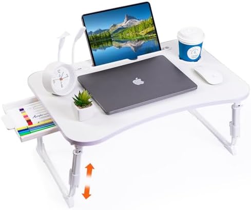 Laptop Desk for Bed, Height Adjustable Laptop Bed Table, Foldable Portable Lap Desk Stand with USB/Storage Drawer/Cup Holder/Slot, Breakfast Tray for Working Reading Writing Eating, White