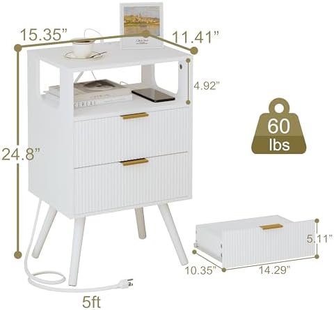 JOONEE White Nightstand with Charging Station and LED Lights,Modern Bedside Table with 2 Storage Drawer and Open Wood Shelf, for Bedroom and Small Spaces,Night Stand with Solid Wood Legs,White