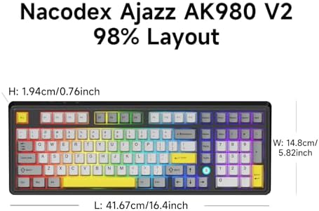 NACODEX Ajazz AK980 V2 Grey Yellow Wireless Mechanical Gaming Keyboard,Tri-Mode BT5.0/2.4GHz/USB-C Hot Swappable Custom RGB Backlit Computer Gaming Keyboards for PC/Tablet/PS/Xbox