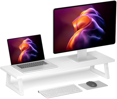 TEAMIX White Dual Monitor Stand Riser, 31.5 inch Long Stand, Desk Organizer