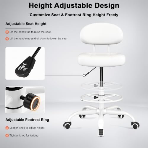 Armless Drafting Chair with Back, Tall Office Chair for Standing Desk, PU Faux Leather,Footrest Ring,Adjustable Height,360°Wheels for Bar Home Office