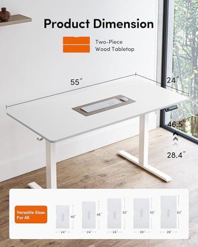 FEZIBO 55 x 24 Inchs Electric Standing Desk, Height Adjustable, Sit Stand Up, Computer Office Desk with Splice Board, White Frame/White Top