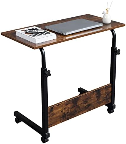 TV Tray Bed Side Table, Portable Rolling Desk Hospital Bed Laptop Table, Small Standing Desk with Wheels Adjustable Height for Sofa, Bedside, Tablet Use, Secure Non Tilt, 31.5" W, Brown