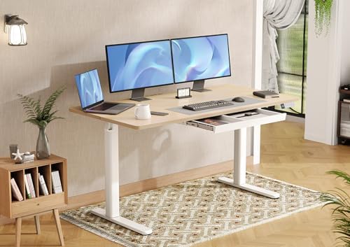 Claiks Electric Standing Desk with Drawers, 55x24 Inch Natural