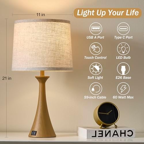 Touch Table Lamps Set of 2, 21" Bedside Lamps with USB C+A