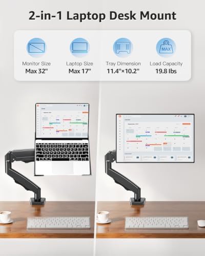 MOUNTUP Laptop Stand for Desk, Adjustable Aluminum Laptops Arm Mount for 14-17 Inch Notebook & 32" Monitor, Laptops Arm for Desk Support for 4.4-19.8lbs, 2-in-1 Laptop Desk Mount with Clamp/Grommet