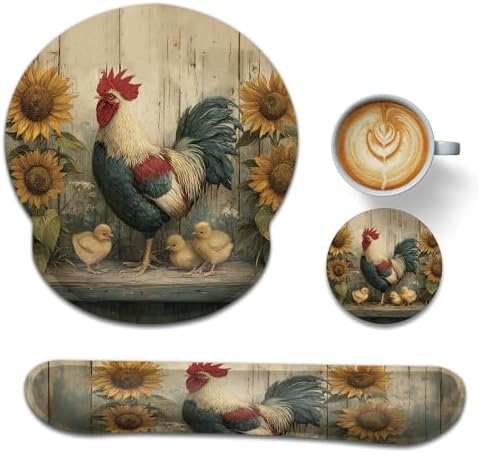 Rooster Ergonomic Memory Foam Wrist Rest Set for Keyboard and Mouse,Sunflower Vintage Wooden Board Supportive Mouse Pad with Non Slip Base for Office Work and Gaming