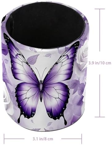 Butterfly Rose Purple Pen Holder Pencil Organizer Cute Pencil Cup Desk Decor Makeup Brush Holder PU Multifunctional Office Supplies for Home Classroom School