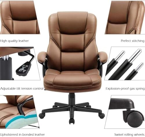 Furmax Office Executive Chair High Back Adjustable Managerial Home Desk Chair, Swivel Computer PU Leather Chair with Lumbar Support (2, Light Brown)