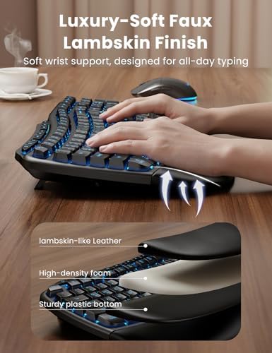 SABLUTE Ergonomic Wireless Keyboard and Mouse Combo, Rechargeable 4000mAh Backlit Keyboard with Soft Faux Lambskin Palm Rest, Wave Keys for Natural Typing, Compatible with Windows/Mac/Chrome OS