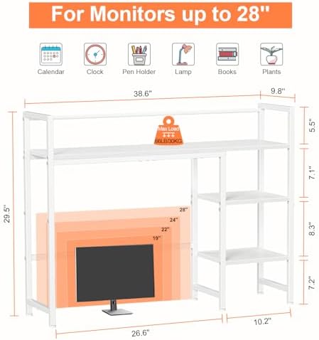 Snughome Desk Shelf, 38.6" Desktop Organizer Shelf, Desk Hutch for Computer Monitor, 4 Tier Desk Display Rack, Wood Desktop Bookshelf Storage Rack for Home Office Dorm, White