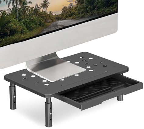 Ergonomic Monitor Stand Riser with Drawer, 3 Height Adjustable (3.9/4.7/5.5 inch) Heavy Duty Carbon Steel+PE Computer Desk Organizer with Storage for Laptop Printer Dual Screens, 14.6 x 9.1 inch (Black)