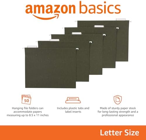 Amazon Basics Hanging File Folders for Documents, Letter Size, 1/5-Cut Adjustable Tabs, Standard Green, 50 Count
