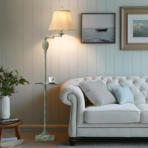 Traditional Floor Lamp withTray,Remote Dimmable,350°Swing Arm Antique Green