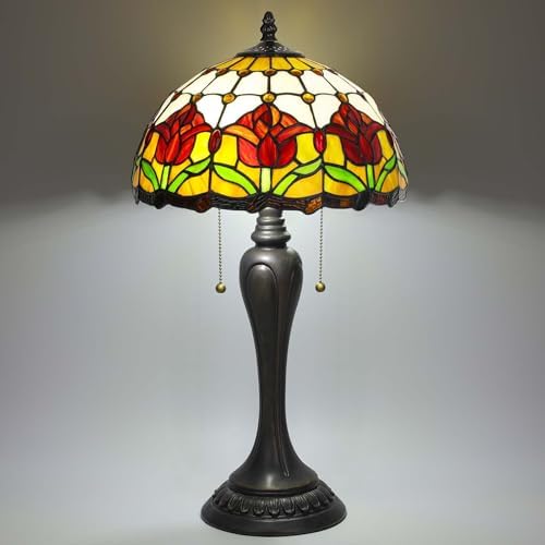 Stained Glass Table Lamp, Red Tulips Style Lampshade Reading Light 12X12X22 Inches, Adjustable 3 Color Temperature Decor for Bedroom Living Room