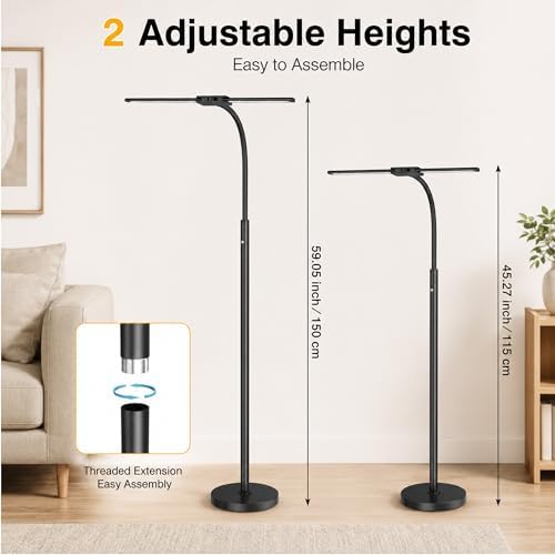 Cordless Floor Lamp Rechargeable, 15W Bright LED Floor Lamp with 8000mAh Battery, Dual Head Gooseneck Standing Lamp, 3 Color Temperatures, Stepless Dimming Battery Floor Lamp for Bedroom Office