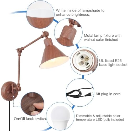 TRLIFE Dimmable Wall Sconce, Remote Control Plug in Wall Sconce Dimming 10%-100% and Adjustable Color Temperature 2700K-6000K, Swing Arm Wall Lights with Plug in Cord, UL Listed(2 Pack, Walnut Color)