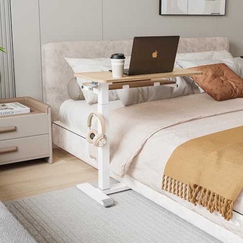 ETHU Height Adjustable Mobile Overbed Table with Keyboard Tray, Oak