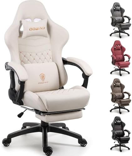 Dowinx Big & Tall Vintage Gaming Chair for Adults, 400 lb Capacity Heavy Duty Ergonomic Computer Chair with Massage Lumbar, Footrest & Easy Side Recline, Ivory Beige