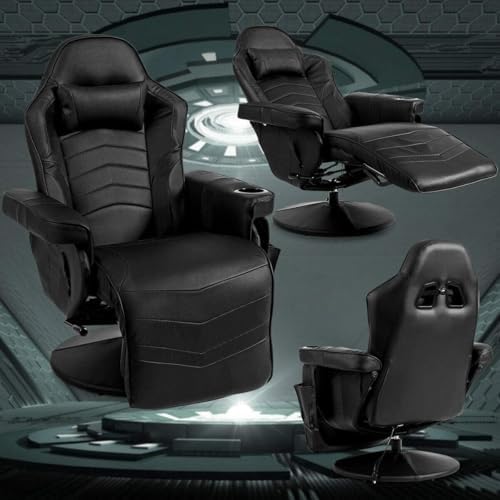GYMAX Gaming Chair with Footrest, Massage Video Game Chairs for Adults with Remote, Adjustable Backrest, Headrest, Cup Holder & Side Pocket, Ergonomic High Back Office Computer Chair (Black)