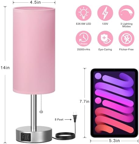 Pink Bedside Table Lamp for Bedroom - Small Nightstand Lamp for Girls