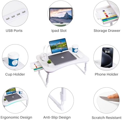 Laptop Desk for Bed, Height Adjustable Laptop Bed Table, Foldable Portable Lap Desk Stand with USB/Storage Drawer/Cup Holder/Slot, Breakfast Tray for Working Reading Writing Eating, White