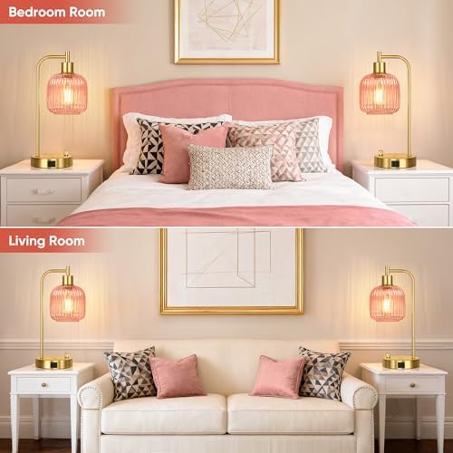 Pink Glass Table Lamps Set of 2, Dimmable Bedside Lamps for Living Room