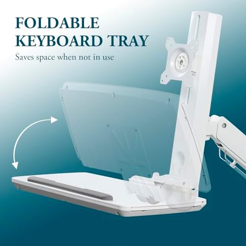 MyGift Wall Mounted White Metal Medical Grade Monitor Screen Workstation with Height Adjustable Arm, Keyboard & Extension Tray & Mouse Holder for Healthcare and Dental Clinics, Fits up to 35” Monitor