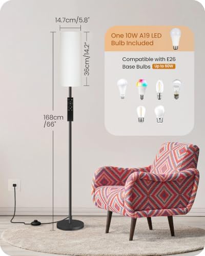 Set of 2 Dimmable Floor Lamps for Living Room with 2 Remotes and Foot Switch, 64.4”Modern Standing Tall Lamp, Corner Lamp for Bedroom, Bulb Included, 3000K-6500K, White Shade CW06LDP205W1