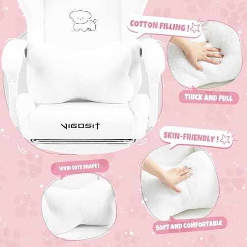 VlGOSlT Cat Ear Gaming Chair with Footrest - Adjustable Lumbar Support, 310lbs Capacity.Removable Cute Ears, Cotton-Filled Ergonomic Computer Chair for Girls/Teens (White)
