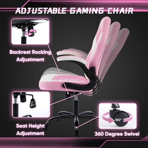 DUMOS Ergonomic Computer Gaming Chair - Home Office Desk with PU Leather Lumbar Support, Height Adjustable Big and Tall Video Game with Flip-up Armrest, Swivel Wheels for Adults