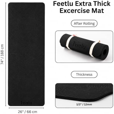 Extra Thick 12mm Exercise Mat, 74" x 26", Non-Slip with a Yoga Strap