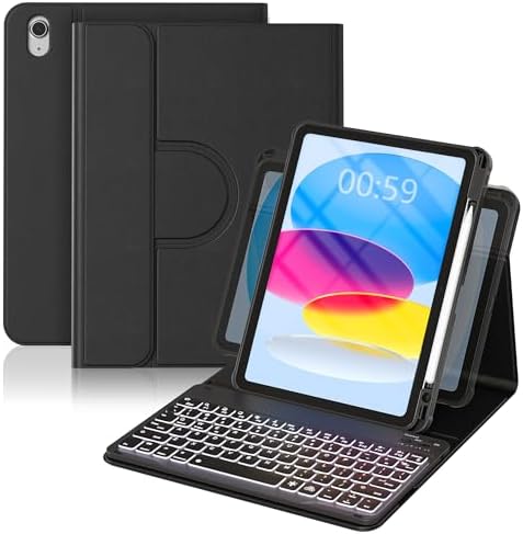 YBING for iPad A16 Case with Keyboard 11th &10th Generation, 360 Rotation Magnetic Cover with 7-Color Backlit Wireless Detachable Keypad with Pencil Holder for iPad 11th 2025/10 Gen 10.9" 2022 (Black)