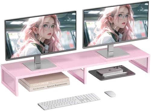 Dual Computer Monitor Stand Riser, Desk Organizers and Accessories, Printer & TV Stand, Desk Shelf, Office Desk Accessories & Desktop Workspace Organizer for Office Supplies, Pink