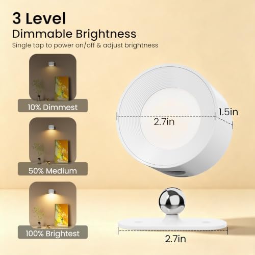 Koopala 3PACK Rechargeable LED Wall Sconce, Cordless Battery with Remote, Powered Wall Sconce, 3 Brightness Levels, 360° Swivel Magnetic Shade for Bedrooms, Hallways, Den and Reading Spaces（White）
