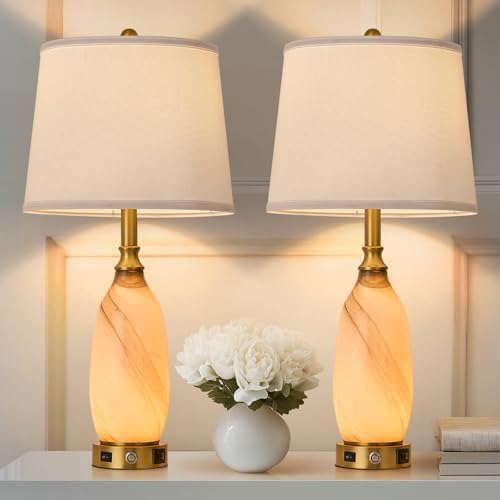 AIDENOEY 26" Modern Art Glass Table & Bedside Lamp, Stepless Dimmable Base + Dimmable 3-Color Light, USB A/C Charging Ports, Touch Control & Switch for Bedroom, Living Room, Office, Study