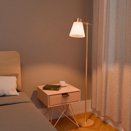 Globe Electric 69" Floor Lamp, Swing Arm, Matte Brass Plated, White Tapered Fabric Shade, On/Off Rotary Switch on Socket, 5-Foot Clear Cord, 1-Light, 40W E26/Medium Base Bulb
