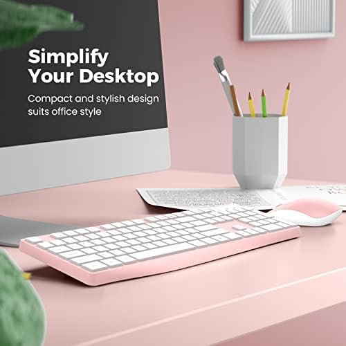 Wireless Keyboard and Mouse Combo, Lovaky 2.4G Full-Sized Ergonomic Keyboard Mouse, 3 DPI Adjustable Cordless USB Keyboard and Mouse, Quiet Click for Computer/Laptop/Windows/Mac (1 Pack, Pink)