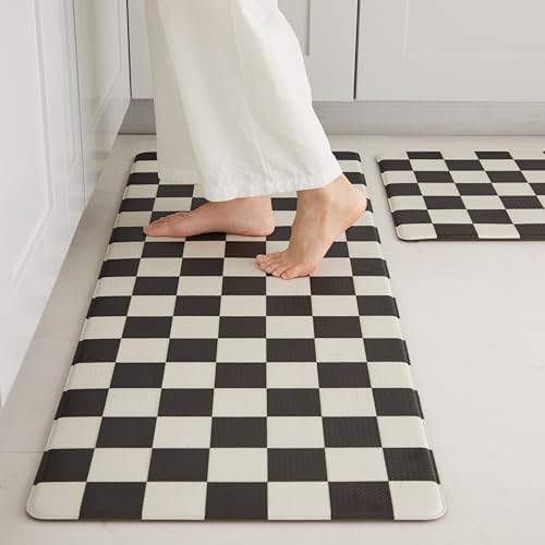 Ohocut Checkered Kitchen Mats for Floor Set of 2, 2 Pcs Black White Cushioned Non Slip Runner Rugs for Kitchen/Sink/Laundry, Comfort Aesthetic Cute Anti-Fatigue Foam Floor Mat 17.3"x29.5"+17.3"x47.2"
