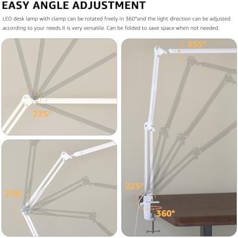 Upgrade Swing Arm LED Desk Lamp with Clamp, 80 LED Beads, 5 Color Modes & 11 Brightness Levels, 360° Adjustable Arm, Eye-Caring Light CRI95, Timer & Memory Function, for Office, Study, Crafting