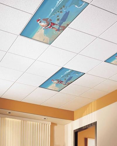 Beach Christmas Magnetic Fluorescent Light Covers for Ceiling Lights 2 x 4 Feet,Coastal Ocean Turtle Santa Claus Blue Office Classroom Kitchen Drop Ceiling Light Covers Filters Shade Panel 4 Packs