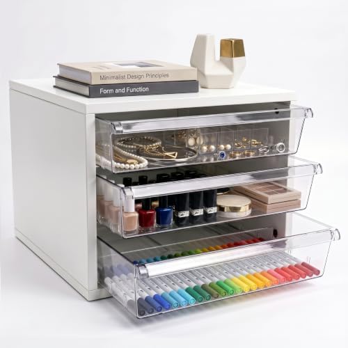 WOPITUES Wooden Desk Organizer with 3 Drawers & a Total of 5 Dividers,White