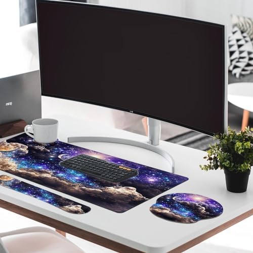 Britimes Keyboard Mouse Pad Set, 4 in 1 Desk Mat Set, Space Moon